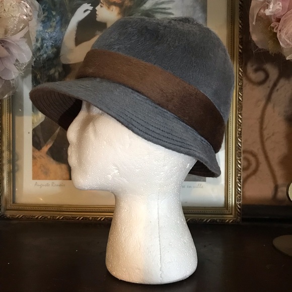 VINTAGE GEORGI ORIGINAL GRAY & BROWN VELOUR MODIFIED FEDORA FELT HAT - Picture 5 of 11